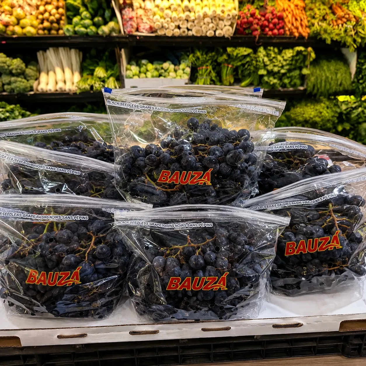 Bags of black seedless grapes
