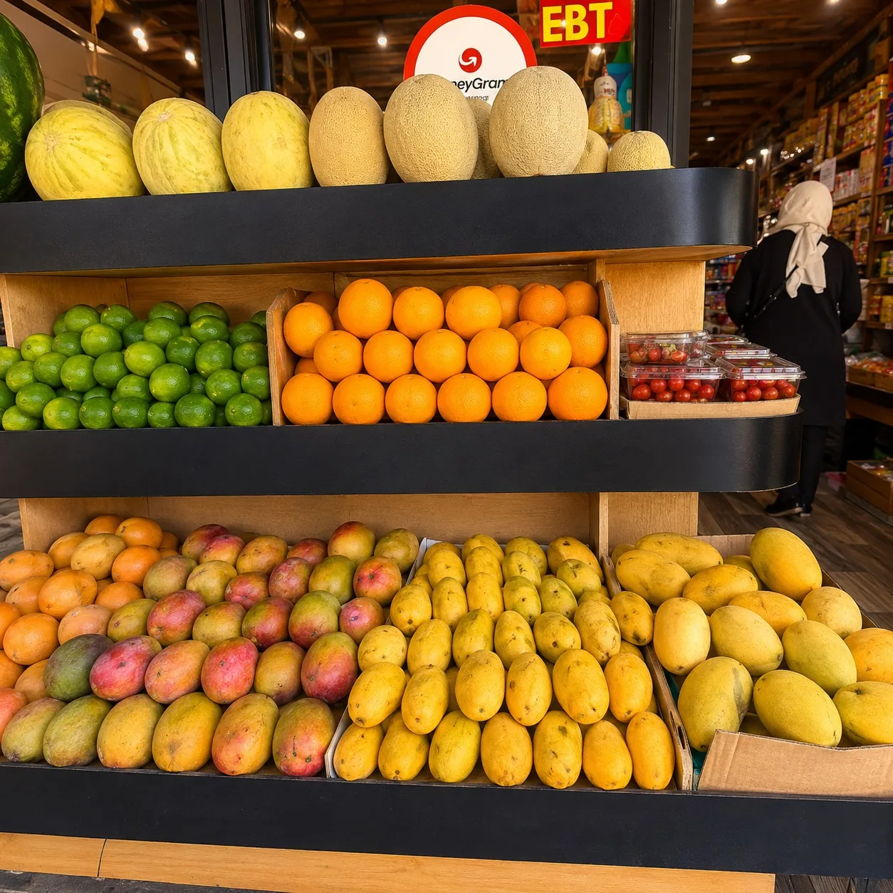Fresh mangoes and fruit display