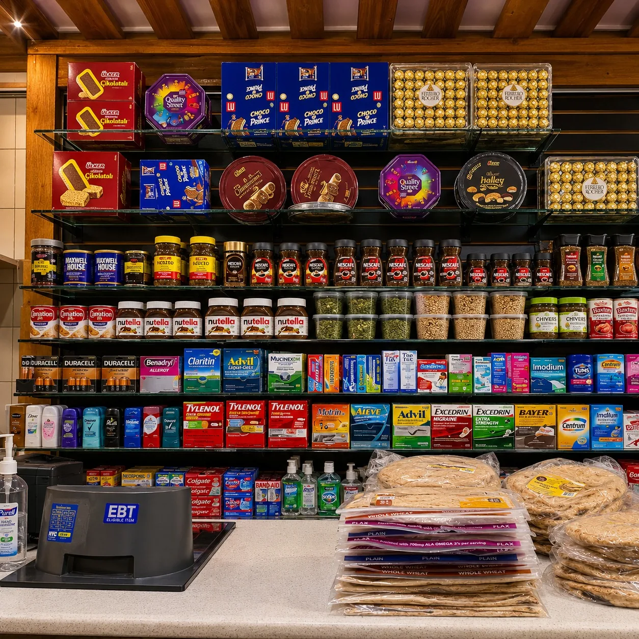 Checkout counter with sweets and essentials